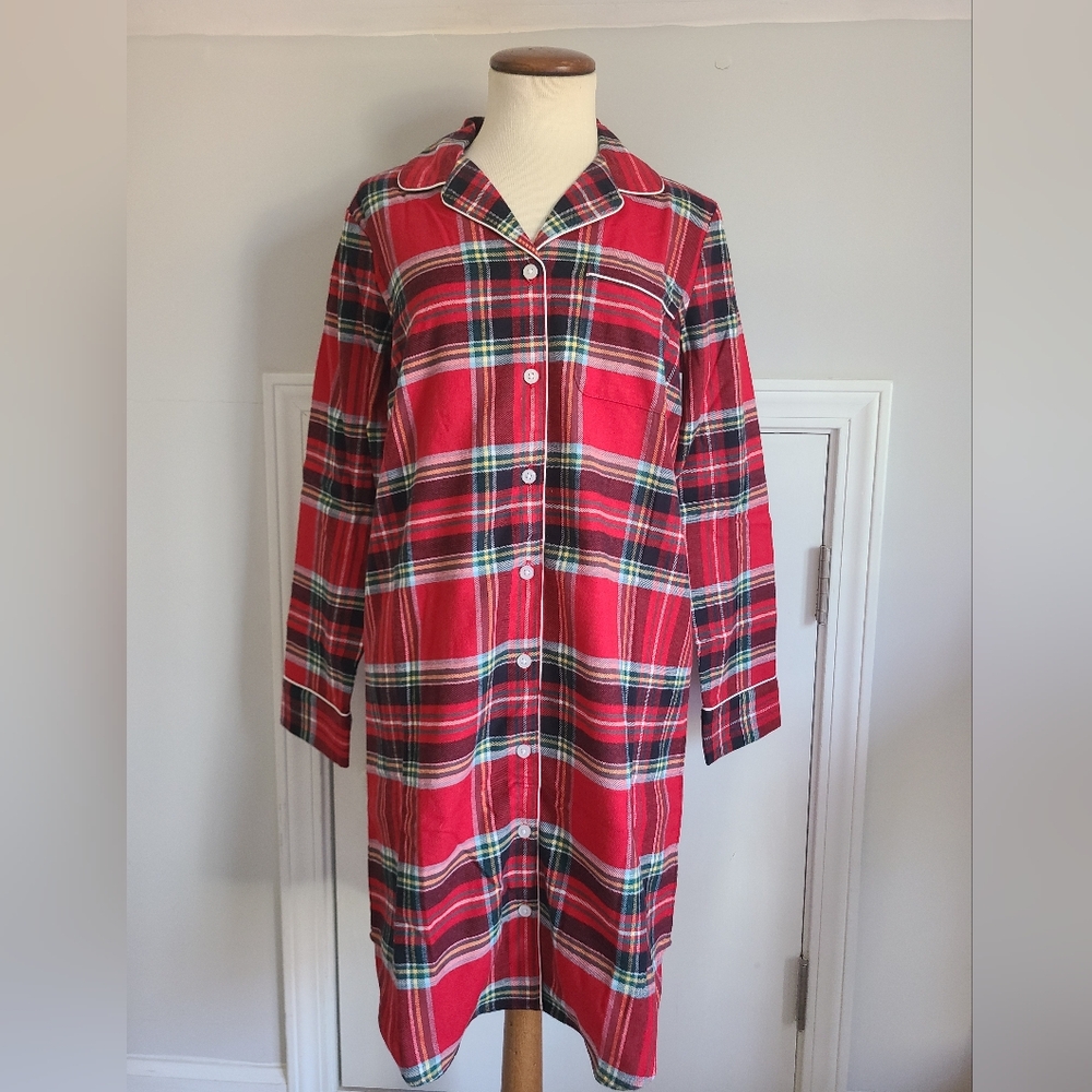 Lands' End Christmas Plaid Flannel Holiday Sleep Shirt Women's Size XS Nightgown